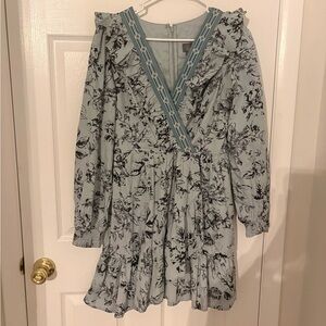 Anthropologie Mint Green Floral Mini Dress with Black Print